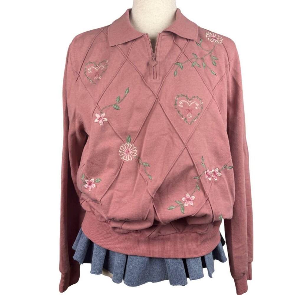 Alfred Dunner Pink Floral Embroidered Quarter Zip Sweatshirt Women’s Large